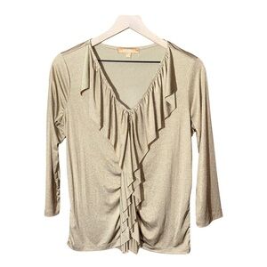 Ellen Tracy Gold Metallic Shimmer Ruffle V Neck Blouse - Size M